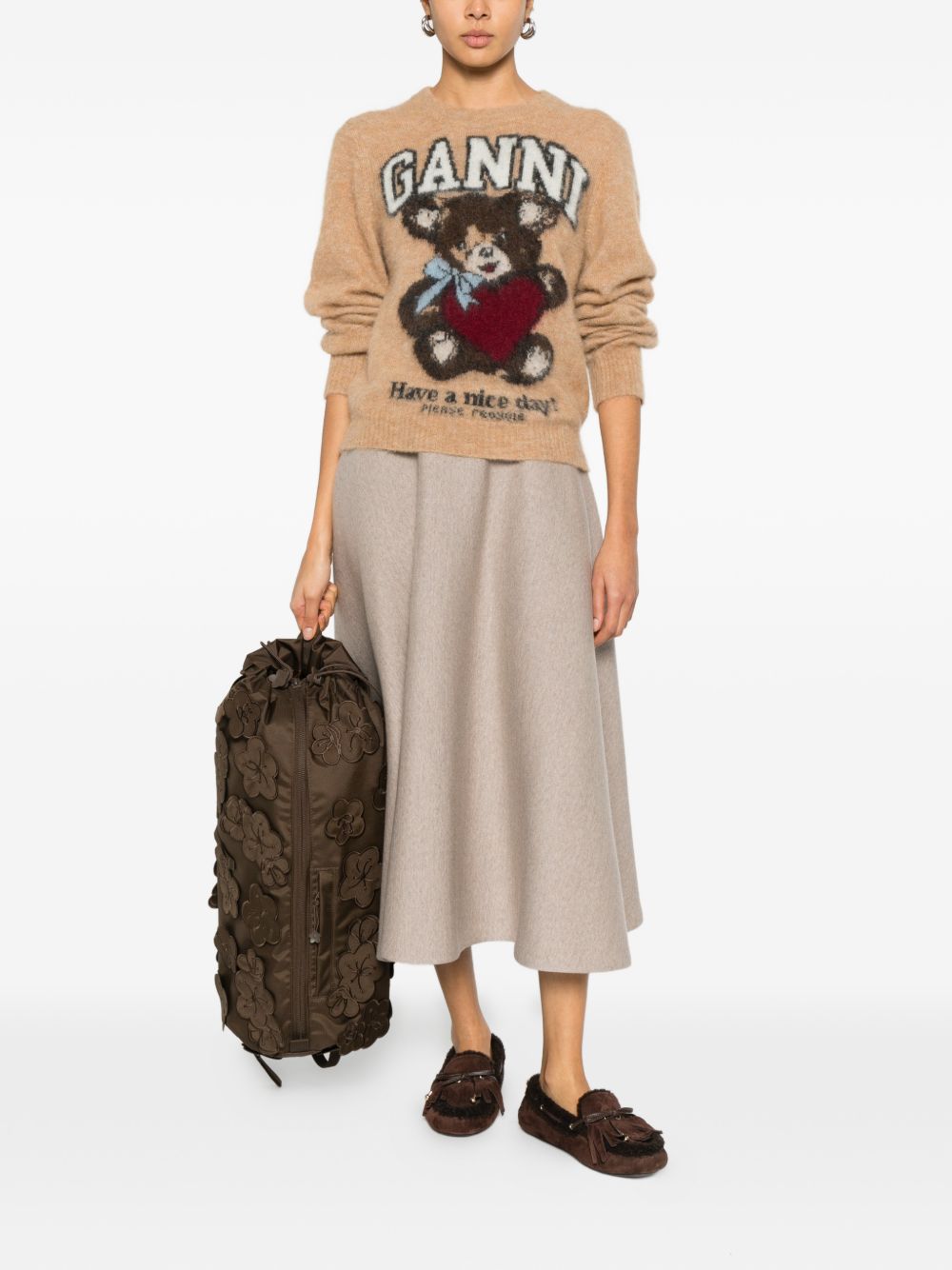 GANNI – Pull en laine jacquard camel à motif