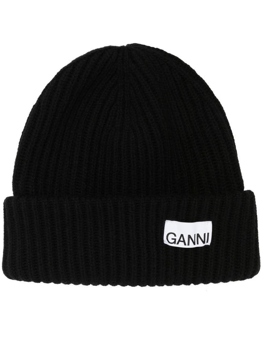 GANNI – Bonnet noir côtelé logo