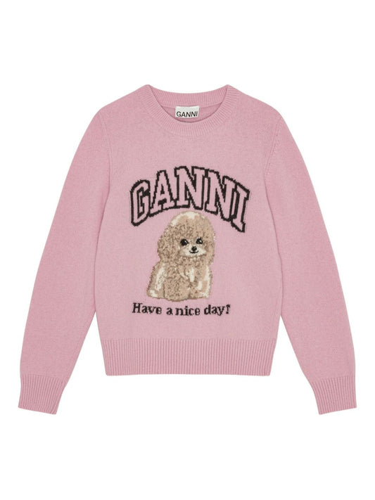 GANNI – Sweat en laine rose à motif signature