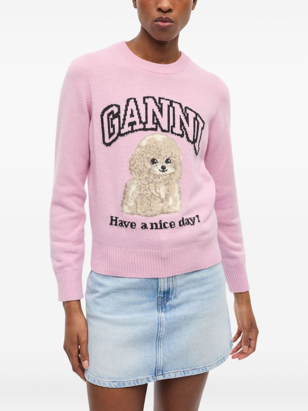 GANNI – Sweat en laine rose à motif signature