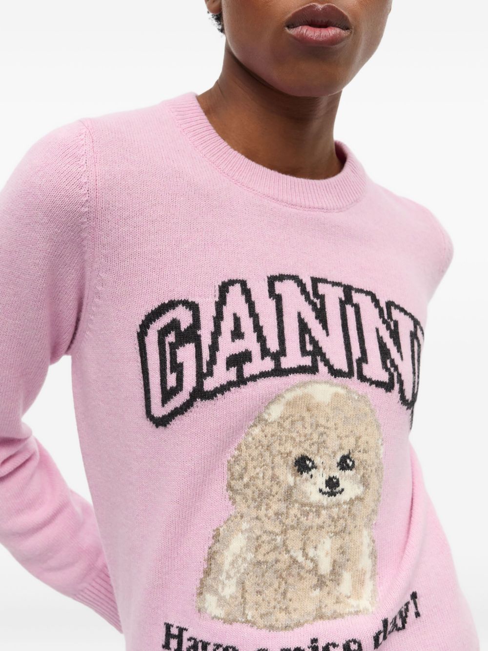 GANNI – Sweat en laine rose à motif signature