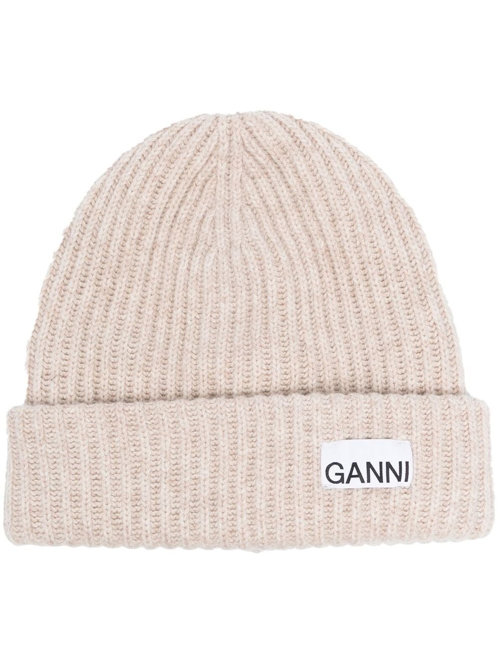 GANNI – Bonnet côtelé beige à logo discret