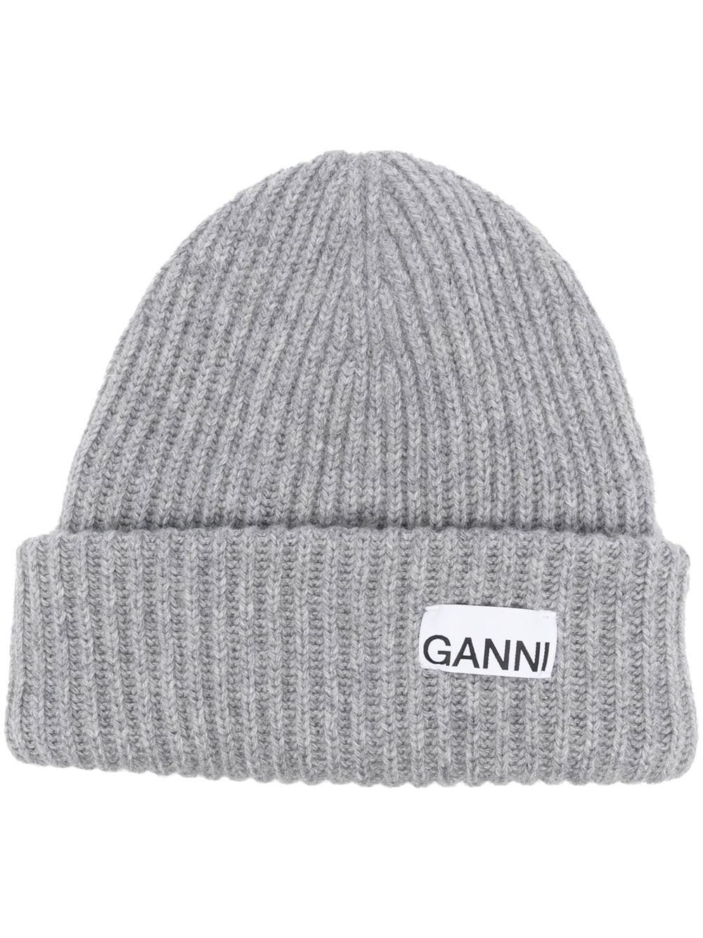 GANNI – Bonnet côtelé gris à logo