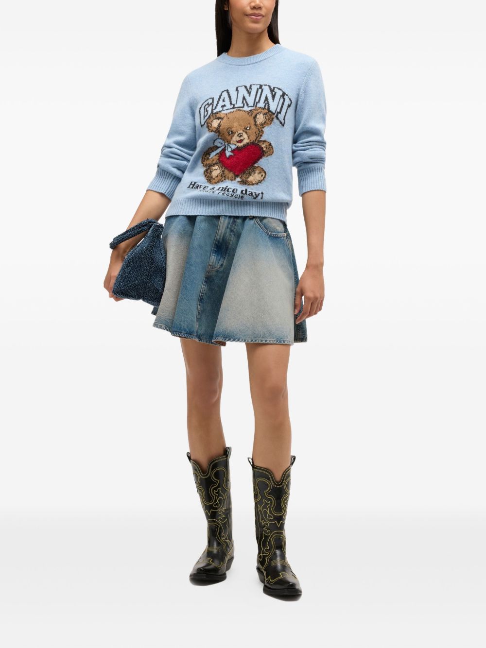 GANNI – Pull en laine à imprimé graphique bleu clair