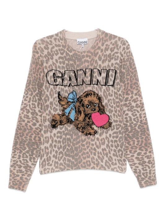 GANNI – Pull en laine imprimé léopard à motif chien