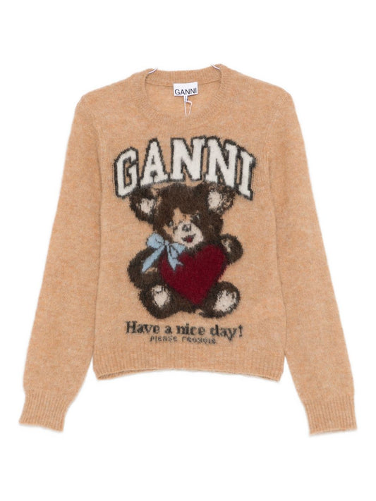 GANNI – Pull en laine jacquard camel à motif