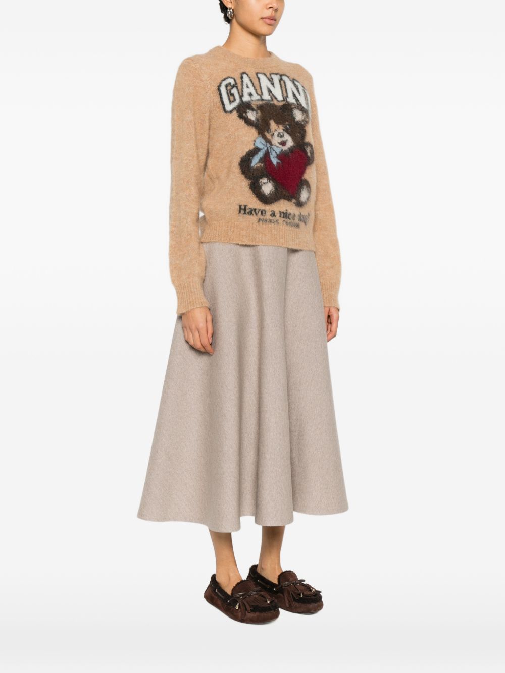 GANNI – Pull en laine jacquard camel à motif